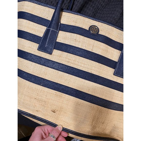 Tory Burch Raffia Navy Striped Straw Double Strap Tote Bag, Authentic - Picture 3 of 8